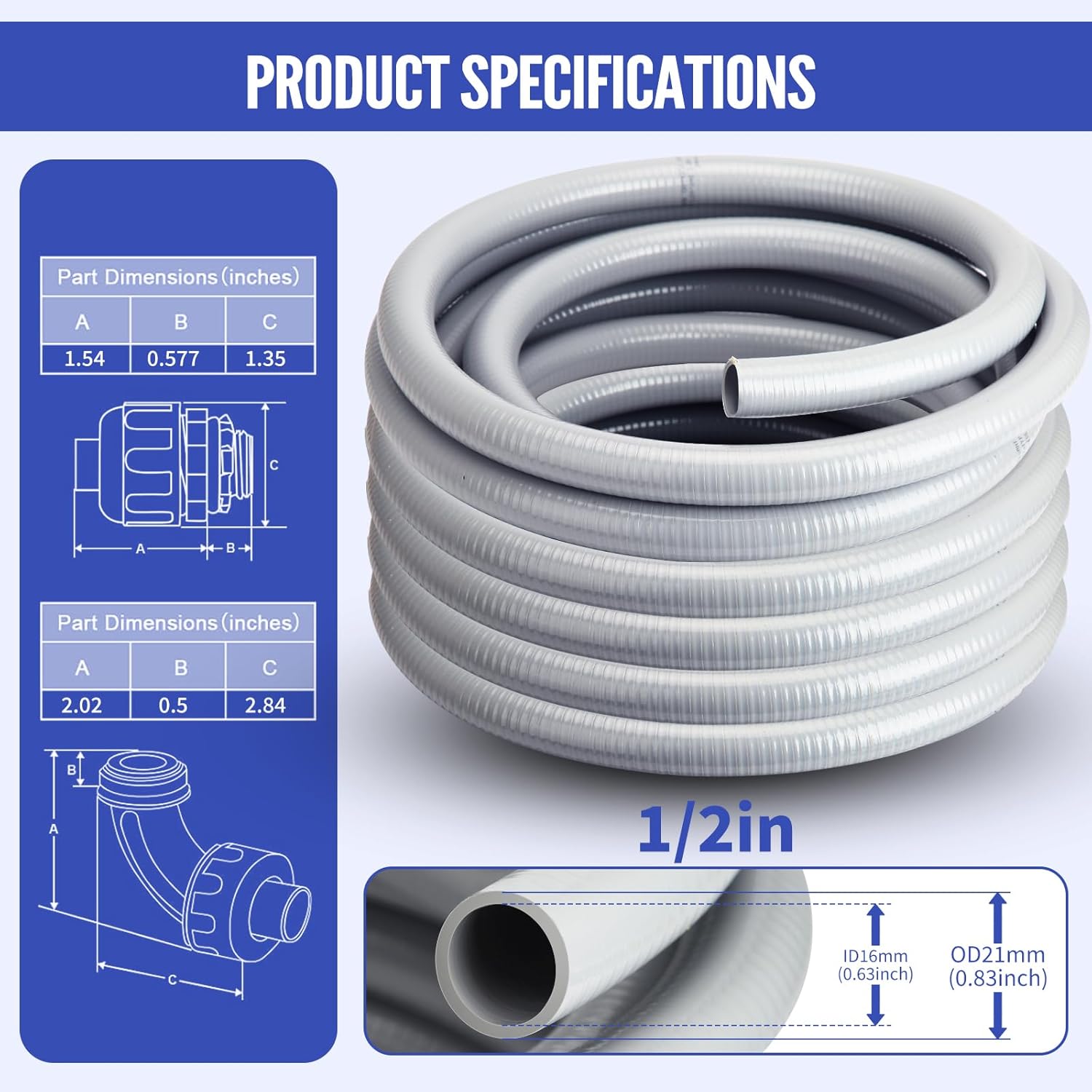 Liquid Tight Conduit 1/2inch 25FT,Flexible Non-Metallic Liquid Tight Flex Electrical Conduit and Connector Kit with 5 Straight and 3 90-Degree Conduit Connector Fittings