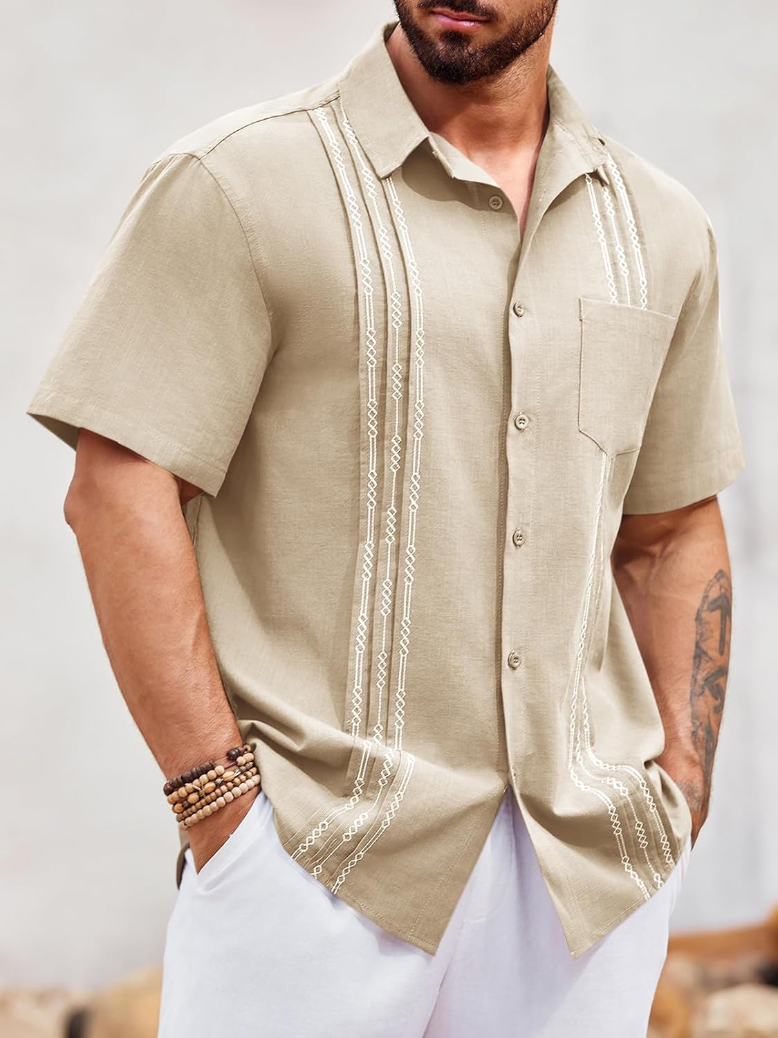 Runcati Mens Linen Shirt Guayabera Cuban Short Sleeve Button Down Summer Beach Hippie Shirts - Image 2