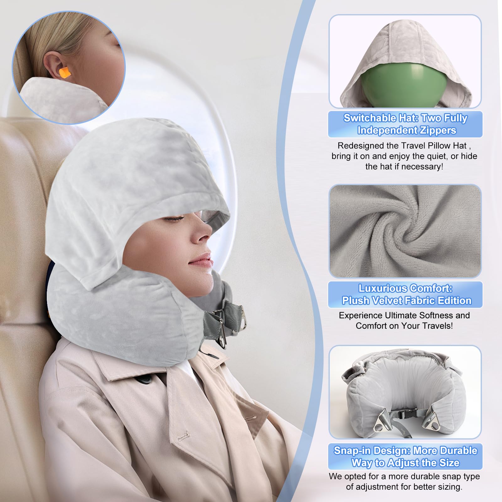DreamShore Almohada de cuello rellenable para viajes con capucha, almohada de viaje de terciopelo ajustable con tapones para los oídos y máscara de ojos, almohada de cuello de viaje definitiva para