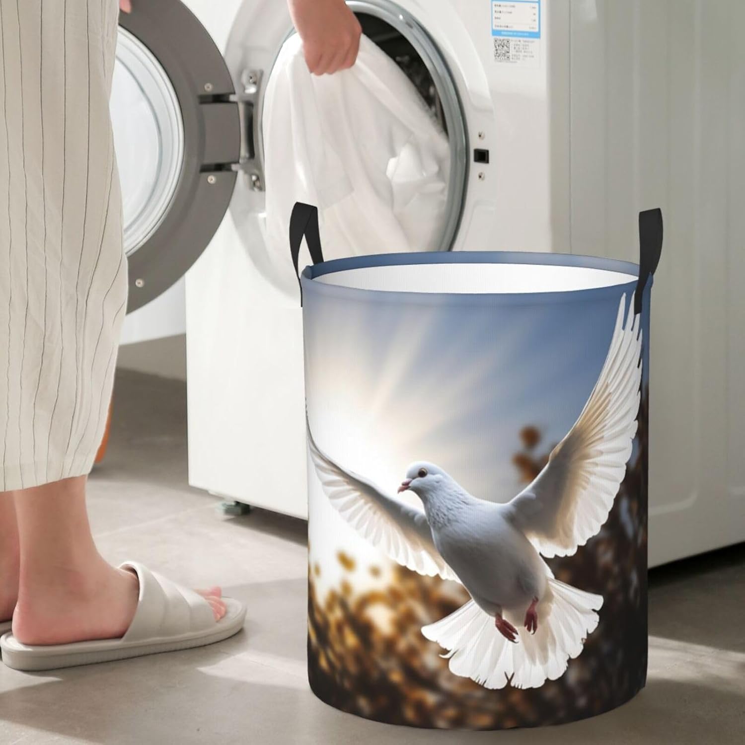 White dove flying in the sun Laundry Basket With Handles, Foldable Laundry Hamper Oxford Cloth Dirty Clothes Basket Waterproof Clothes Toys Storage Bin Organizer for Bedroom Bathroom Dorm