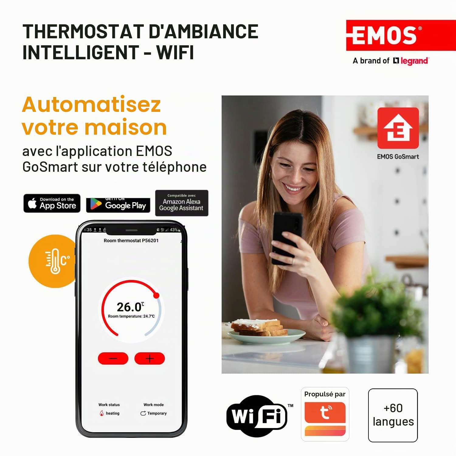 EMOS GoSmart - Thermostat d'ambiance Smart Home avec Application - WiFi - Thermostat IP pour Chauffage/climatisation - économie d'énergie - Compatible Tuya, Google Assistant et Alexa - Blanc