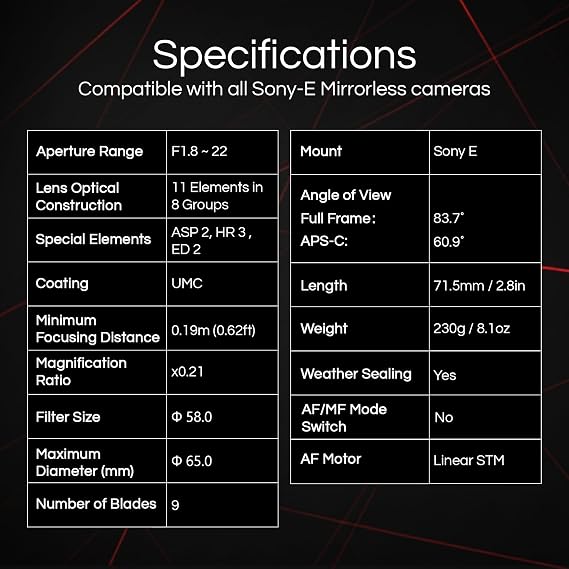 Rokinon 24mm F1.8 AF Compact Full Frame Wide Angle Auto Focus Lens for Sony E (IO2418-E)