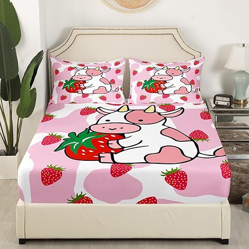 Miniatura 2 de Juego de sábanas de vaca lechera, diseño de vaca rosada y blanca, sábana bajera ajustable para niños y adultos, funda de edredón con estampado de