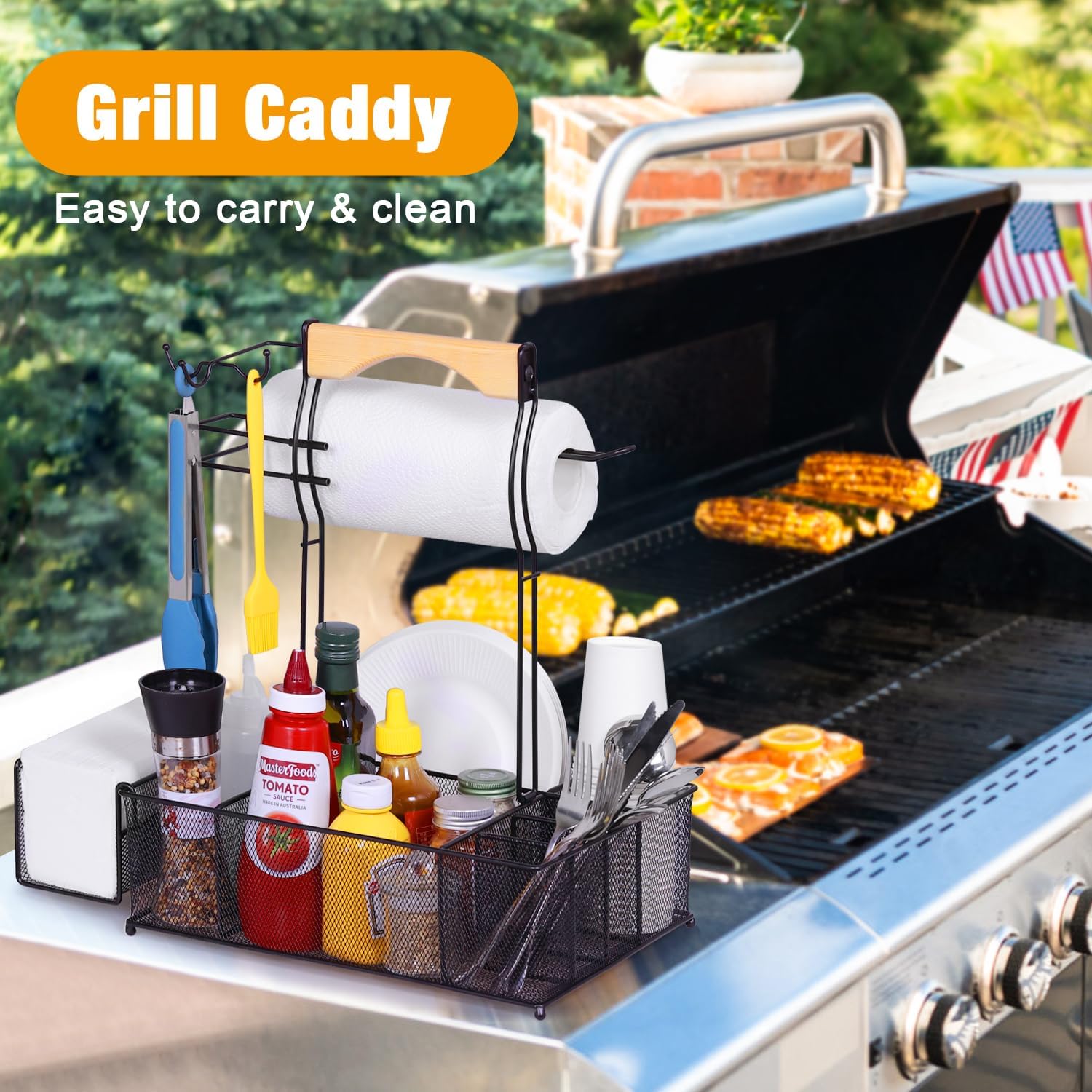 Heavy-Duty Black Steel and Bamboo Outdoor Grill Caddy