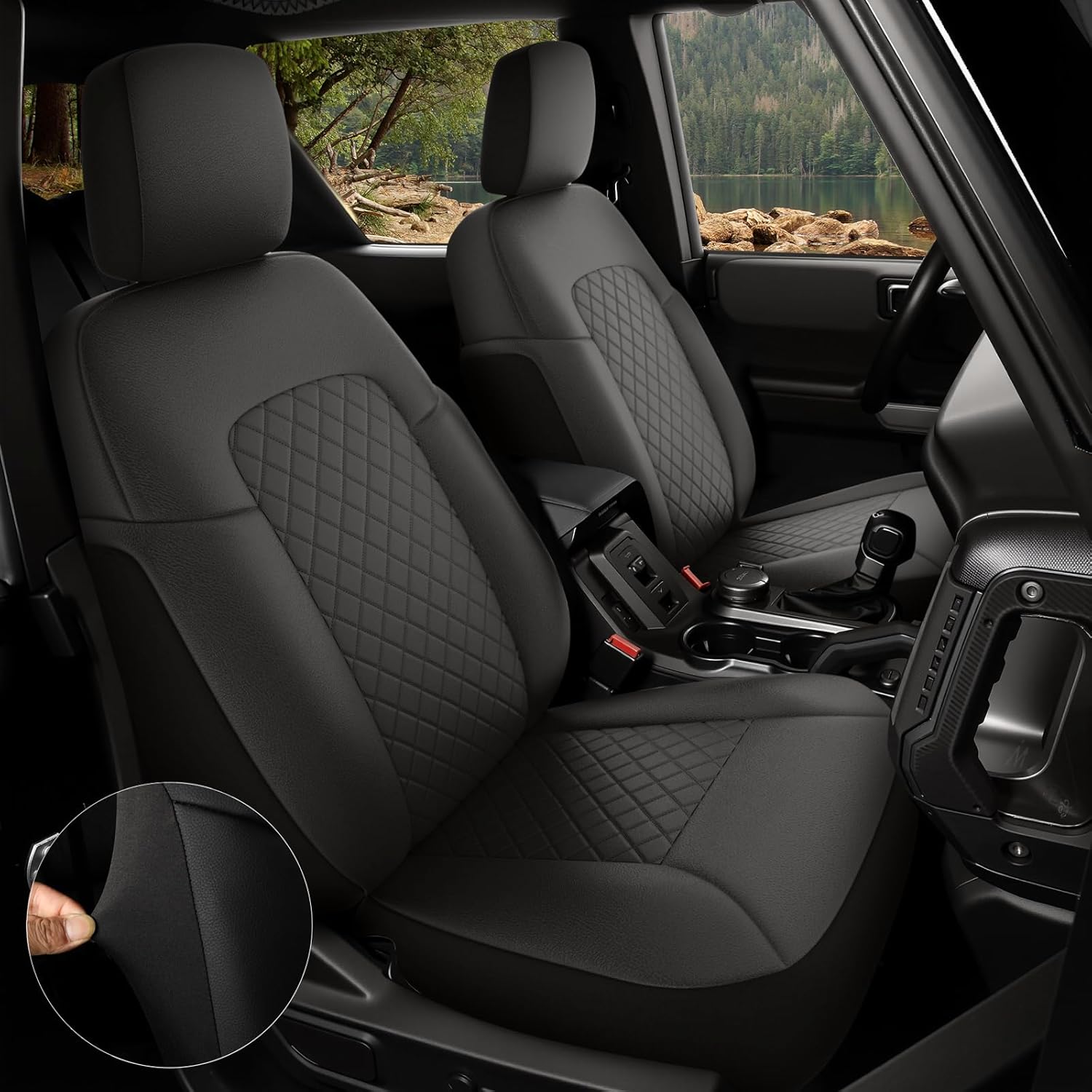 GIANT PANDA Full Set Car Seat Covers Custom Fit Ford Bronco 4 Door 2021 2022 2023 2024 2025 Base, Big Bend,Black Diamond,Outer Banks,Badlands,Wildtrak,Heritage with Rear Cup Holder,Faux Leather(Black)