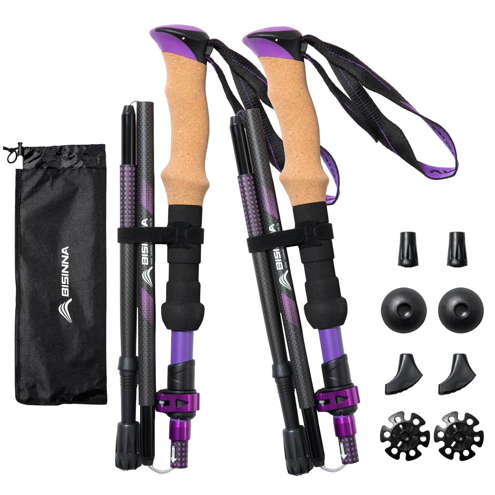 BISINNA Carbon Fibre Trekking Poles, 2-Pack, Lightweight Collapsible Walking Sticks, Quick Lock System (Purple, 95-115cm)