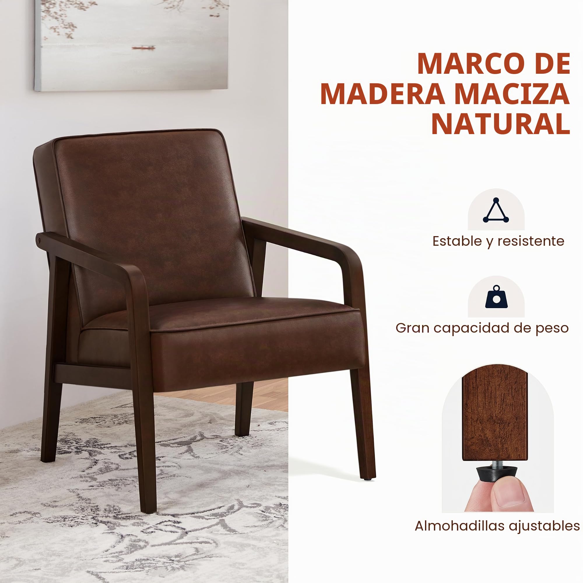 Yaheetech Sillón para Salón Piel Sintética con Pata de Madera Marrón Oscuro | Silla para Dormitorio con Reposabrazos, Sillón Relax, Capacidad de 136 kg, Fuerte Marco de Madera de Caucho