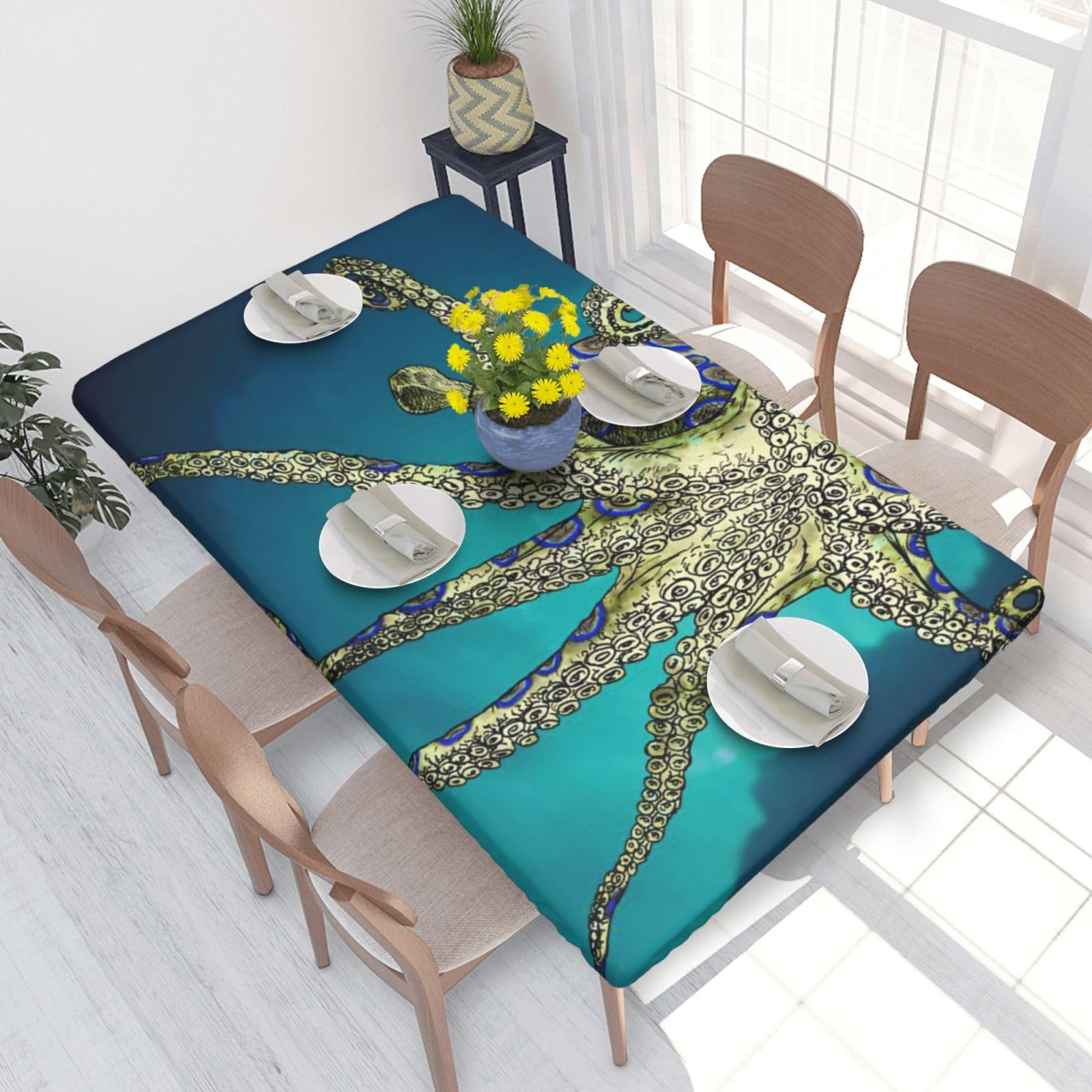 BNVSADC Blue Ringed Octopus Printed 4FT Tablecloth 122x76 CM Polyester Kitchen Water Resistant Table Cloth Dining Table Decoration Table Covers
