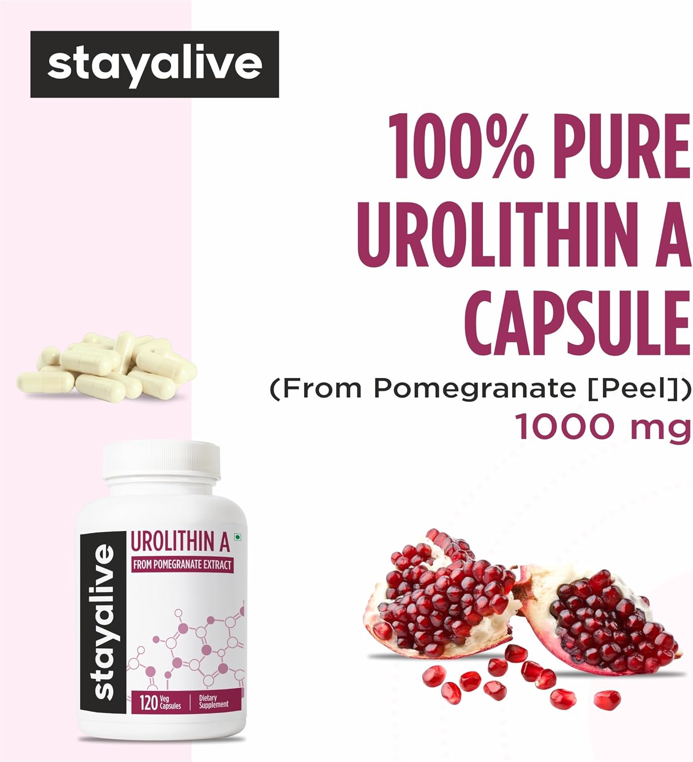 STAY ALIVE Urolithin A Supplement 1000mg, 120 Pills, Pure Mitochondrial Supplement from Pomegranate Extract, Non-GMO and Gluten-Free Urolithin A+ Capsules for Men and Women - Image 3