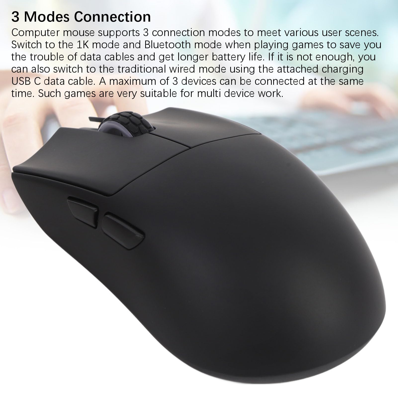 Bezprzewodowa Myszka Gry, Tryb Tri 2.4G USB C 3395 Myse Czujnik Optyczny 5 Programowalny Przycisk do Pracy (BLACK)