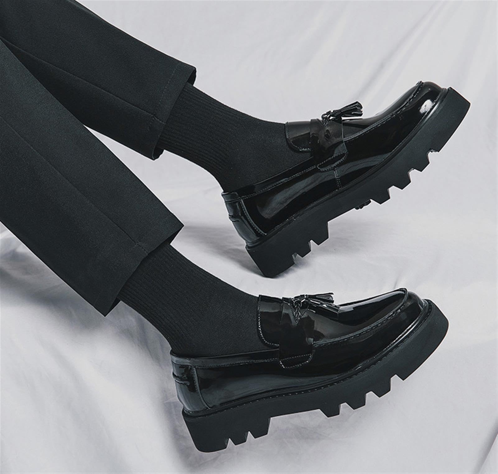 Mocasines con Borlas para Hombre Charol Plataforma Chunky Zapatos de Vestir Punk Tachuelas Slip-On Casual