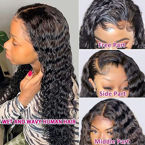 Miniatura 3 de Axincheng Pelucas de cabello humano ondulado profundo con encaje frontal de 13 x 4 pulgadas, pelucas rizadas para mujeres negras, cabello humano