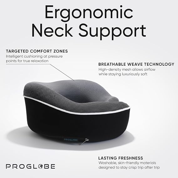 Proglobe Neck Pillow for Travel, Memory Foam, Long Haul Flights, Black | Orthopaedic travel cushion with 3D contoured sleep mask, earplugs and luxury mesh bag, for aeroplane, car and train trips