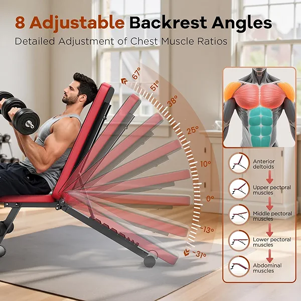 NICEPEOPLE Basic Weight Bench for Home Gym, Foldable Workout Bench with 8 Backrests, 660LBS Weight Capacity Adjustable Bench