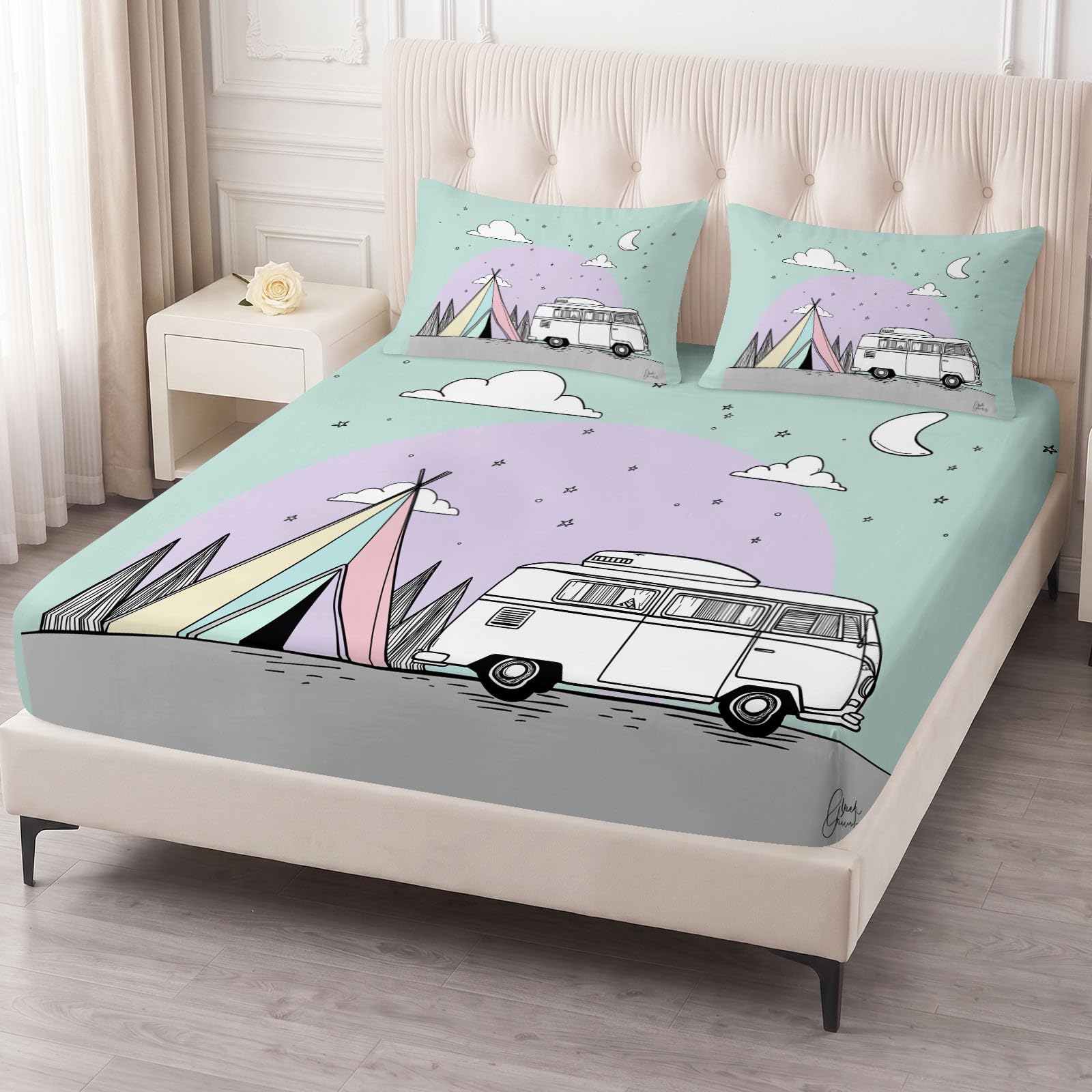 Lenzuolo con angoli per letto singolo, con tasca profonda 30 cm, morbida microfibra spazzolata, con 2 federe, traspirante, resistente allo sbiadimento, 90 x 190 cm, motivo: cielo stellato, camper