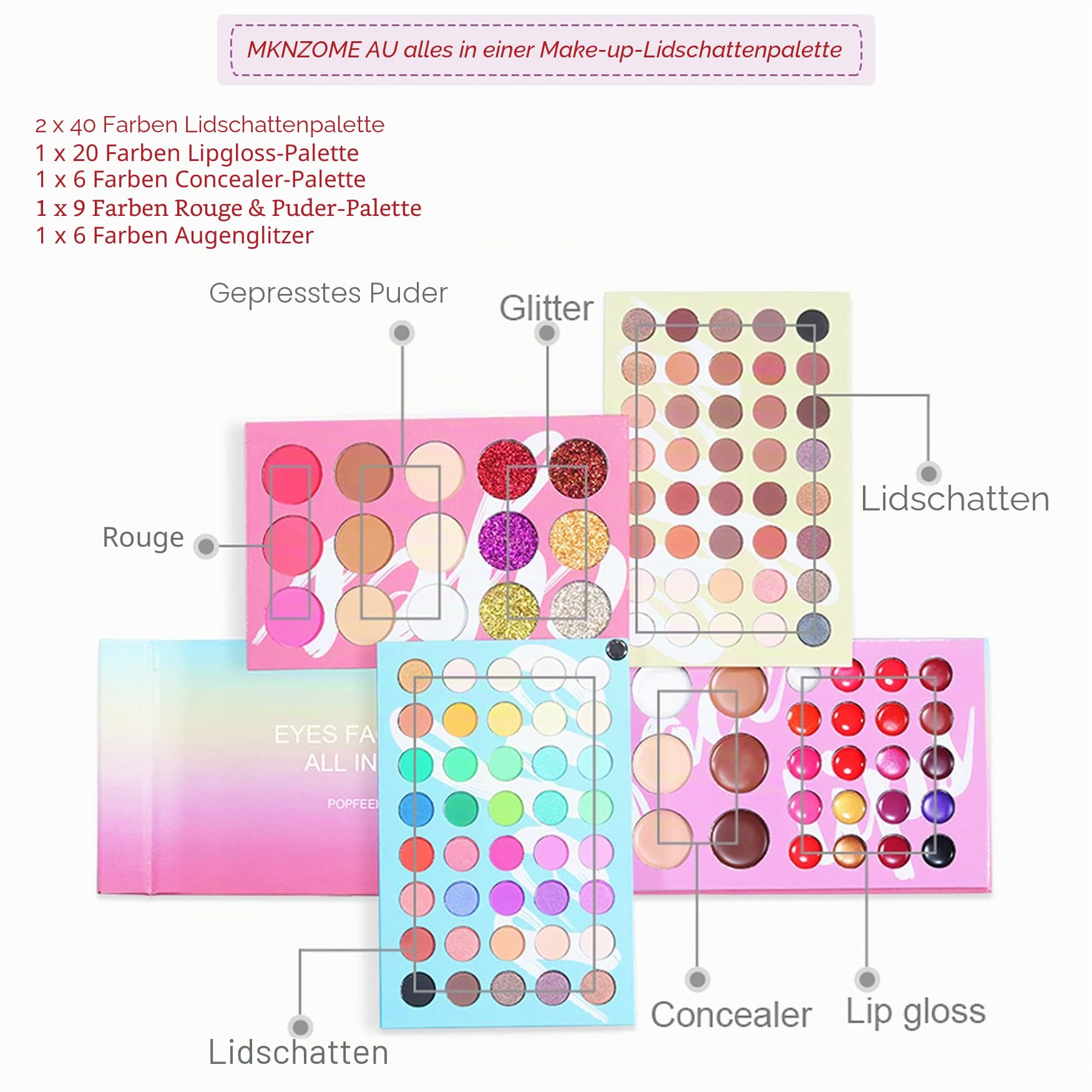 Professionelles Make-up Sets, MKNZOME 32St Schminke Starter Kit mit Schminktasche Tragbare Reise Makeup Paletten Kosmetik Lidschatten Lipgloss Geburtstags Weihnachten Geschenkset