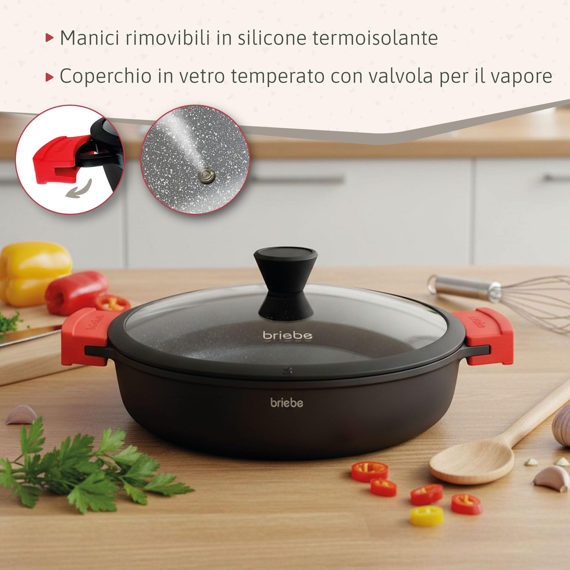 Briebe Casseruola con rivestimento antiaderente in titanio nero per cottura a induzione, in alluminio pressofuso, rivestimento senza PFOA, coperchio in vetro, manici in silicone, vetroceramica, per