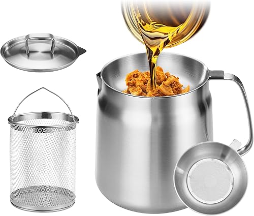 Olla freidora profunda de acero inoxidable 304 de 119 onzas con cesta y colador, recipiente de grasa de tocino de gran capacidad para cocina, freír,