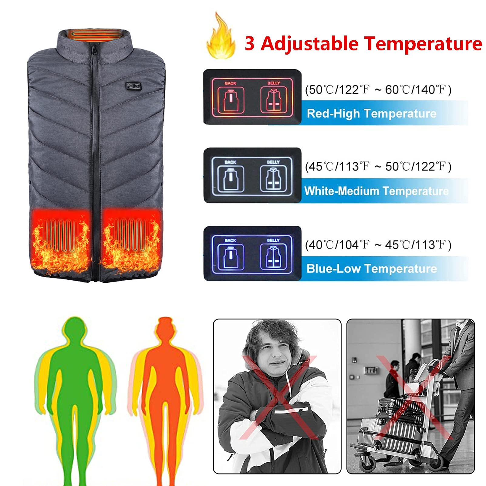 Chaleco calefactable con Carga USB, Chaqueta eléctrica Ligera, Calentador Corporal, 7 Zonas de Calentamiento para Actividades al Aire Libre (no Incluye batería Externa) (Gris S)
