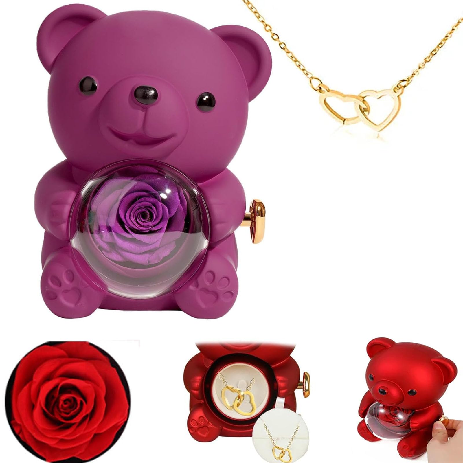 Engraved Heart Necklace - With Real Rose Bear Giftbox, Preserved Rose Gifts Set, Eternal Rose Flowers Flip Bear Jewelry Box, Preserved Rose Hug Bear Gifts for Women (purple)