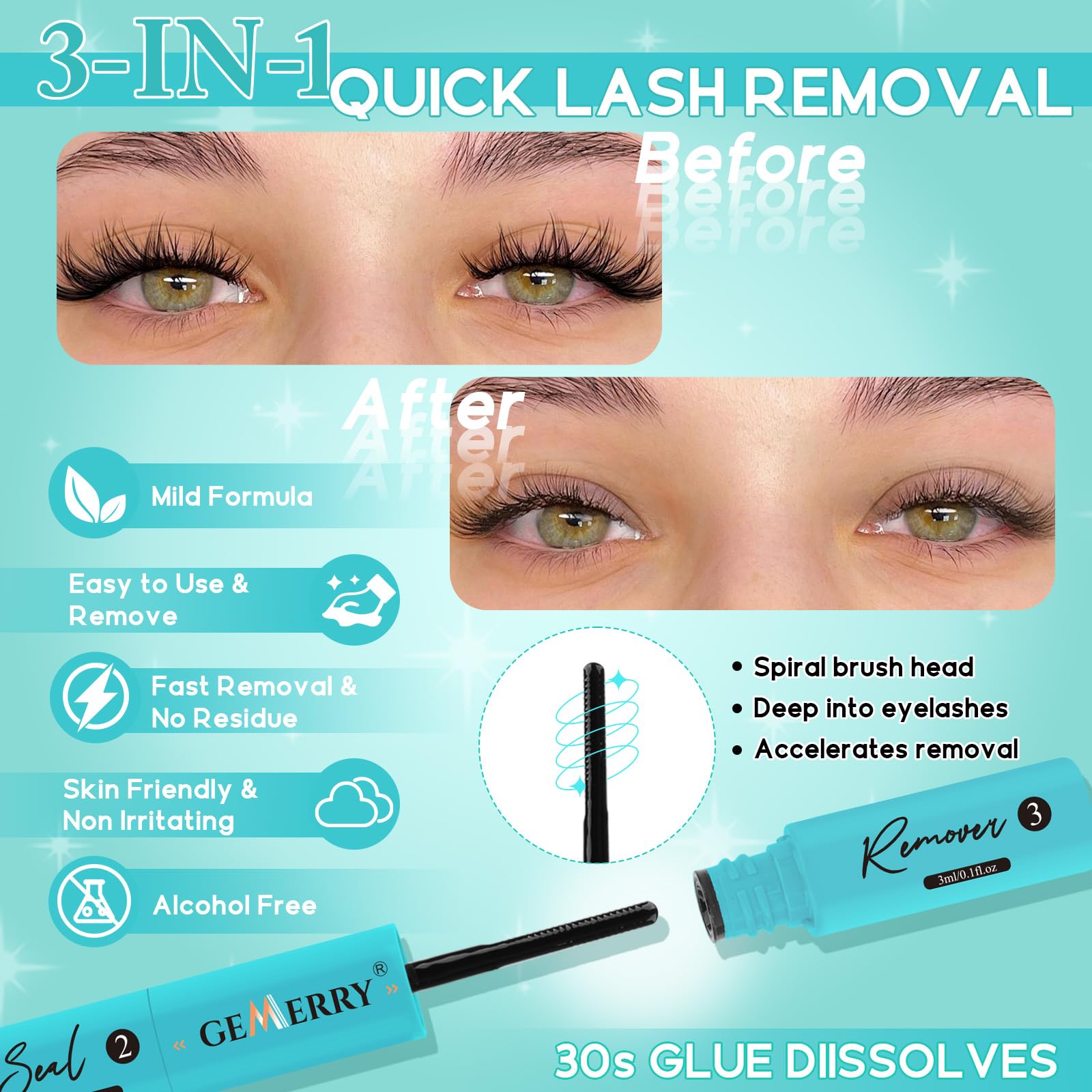 GEMERRY 3-IN-1 Bond & Seal & Remover Colla Ciglia Finte Ciuffetti Bond e Seal Ciglia Nero Colla per Ciglia Finte Durata 72 ore+ Impermeabile | Nuoto e Bagno | Senza Lattice