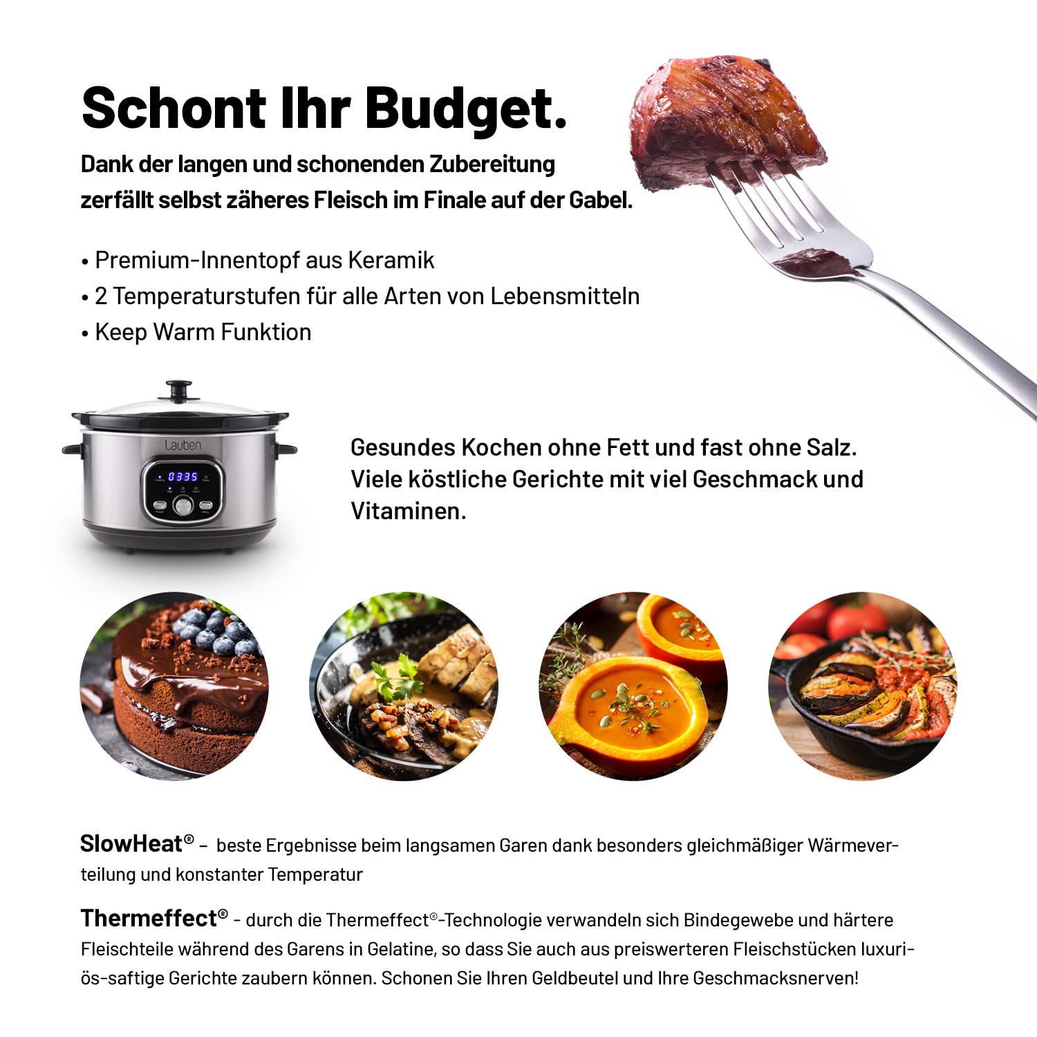 Lauben Slow Cooker 3500SB 3,5L - Cocina lenta con tecnología Thermeffect® SlowHeat®