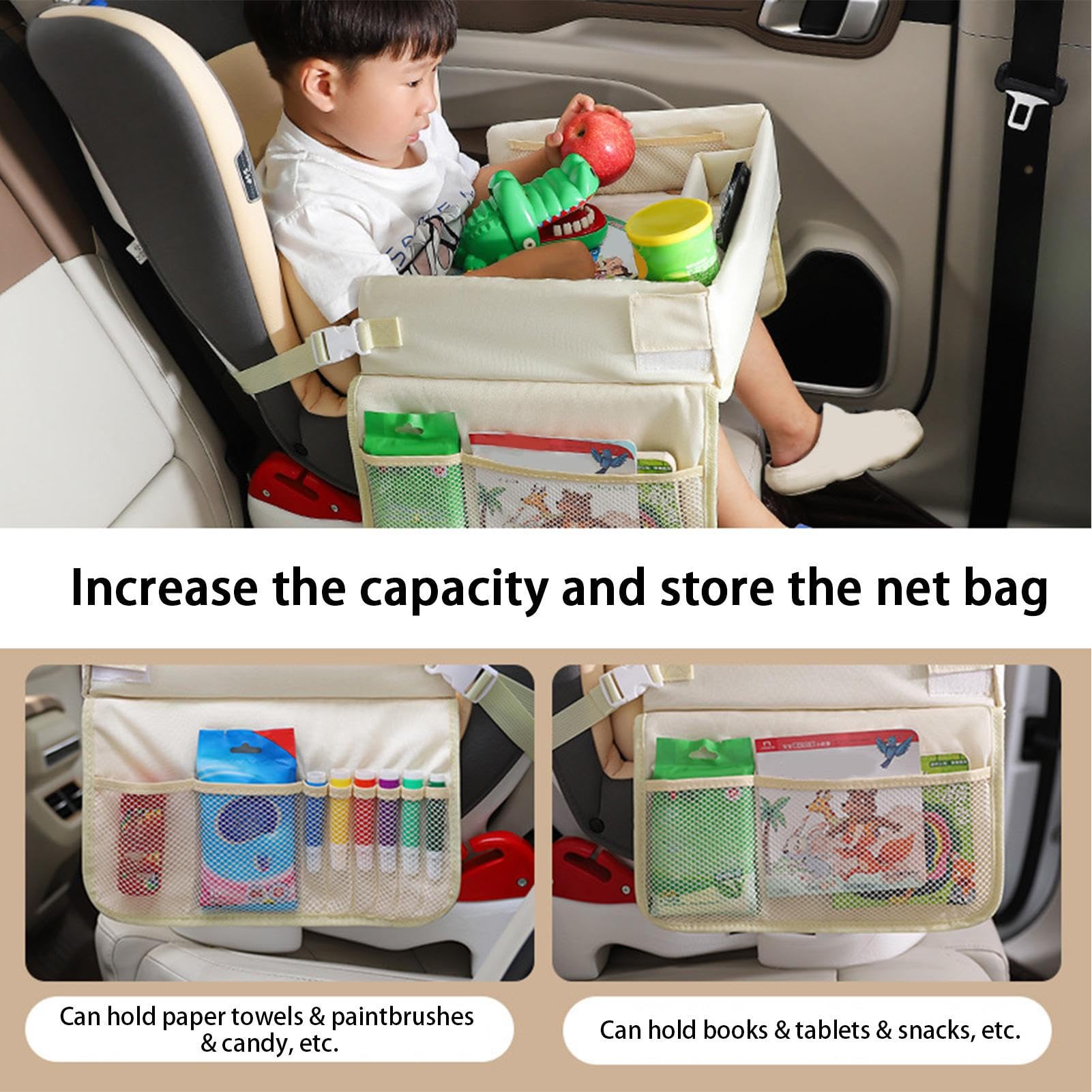 Plateau siège d'auto, Plateau siège Pliable imperméable à Plusieurs Poches, Table porgrancapacité pour Manger, Dessiner, Plateau siège Voyage en Voiture pour Le