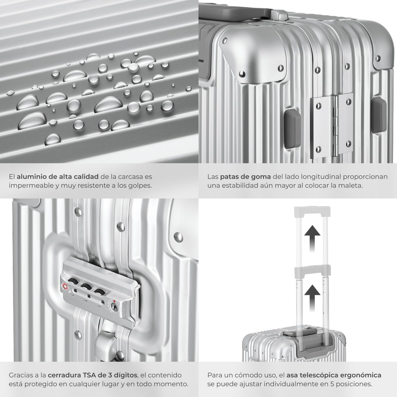 tectake® Maleta Cabina Rígida de Aluminio con Cerraduras TSA, Maleta Mediana Equipaje de Mano en Avión, Maletas de Cabina Ligera, Maletas de Viaje - 53 x 37,5 x 24 cm Plateado