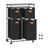 VASAGLE Laundry Sorter, Laundry Hamper with Wheels, 39.6 Gal. (150 L) Portable Rolling Cart Baskets with Shelf, 4 Removable Liners and 6 Labels, Ink Black and Chestnut Brown URLS100B01