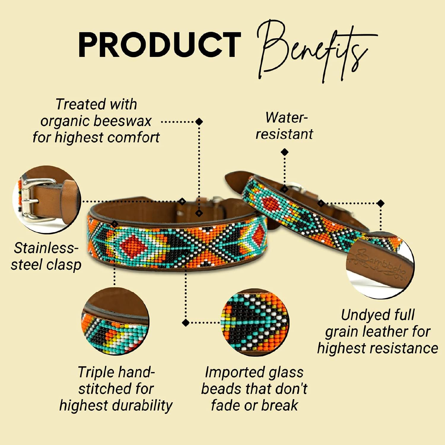 Sambboho - Biarritz Dog Collar - All Natural Soft Leather Dog Collar w/Durable Hand Stitched Bead Embroidery (14-16")