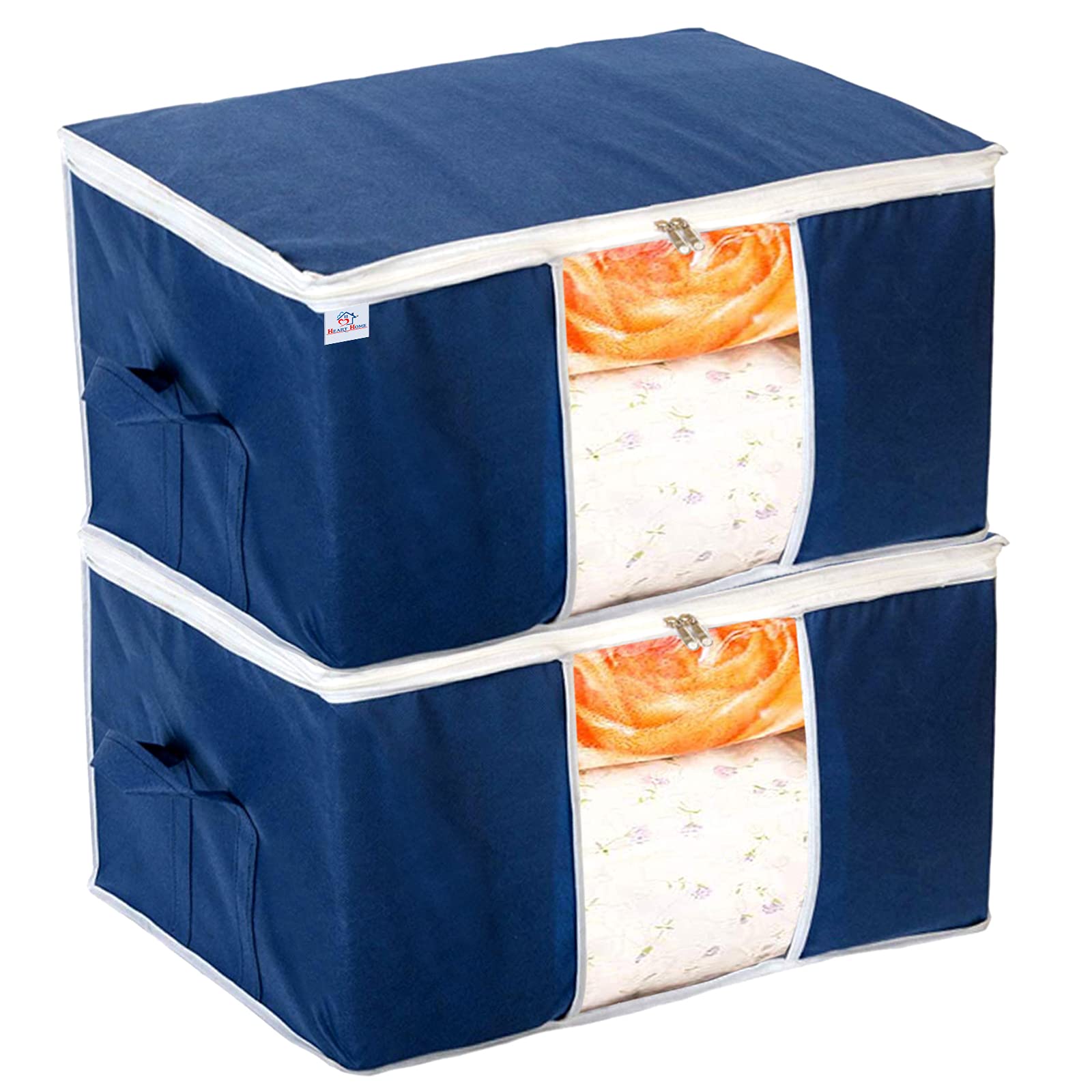 Heart Home Clothing Storage Bags, Under Bed Foldable Organizer, Store Blankets, Clothes With Tranasparent Window- Pack of 2 (Navy Blue)-HS_38_HEARTH21707-image-23