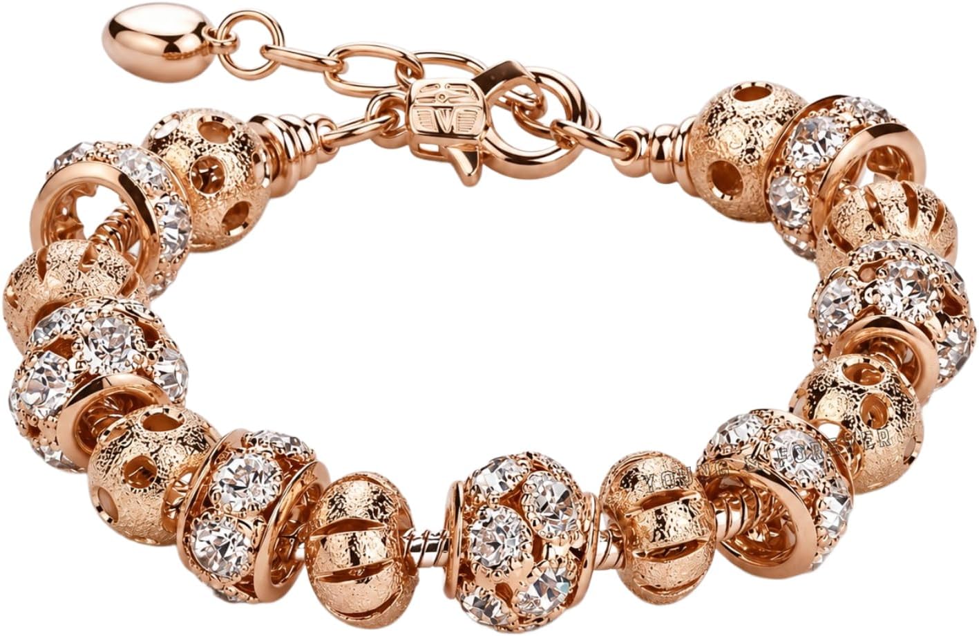 Young & Forever Fashion Jewelry Charm Bracelets for Women & Girls - Rose Gold & Silver Plated Beaded Adjustable Chain with Crystal Charms & Pendants