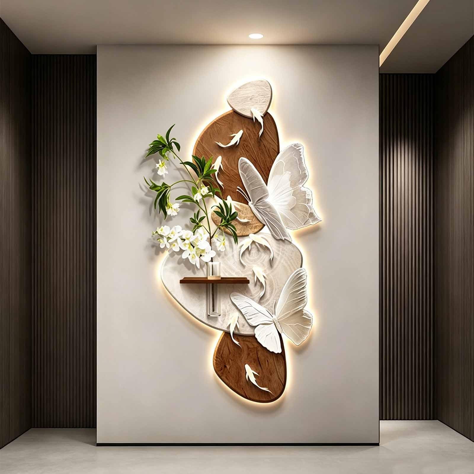 YDAECKRYVB 3D Sandstone Wall Art Decor With LED Lighting，LED Wall Sculpture Featuring A Decorative Panel With A Vase And Faux Greenery，Suitable For Entryways.(D,140 * 70cm/55.1 * 27.6in)