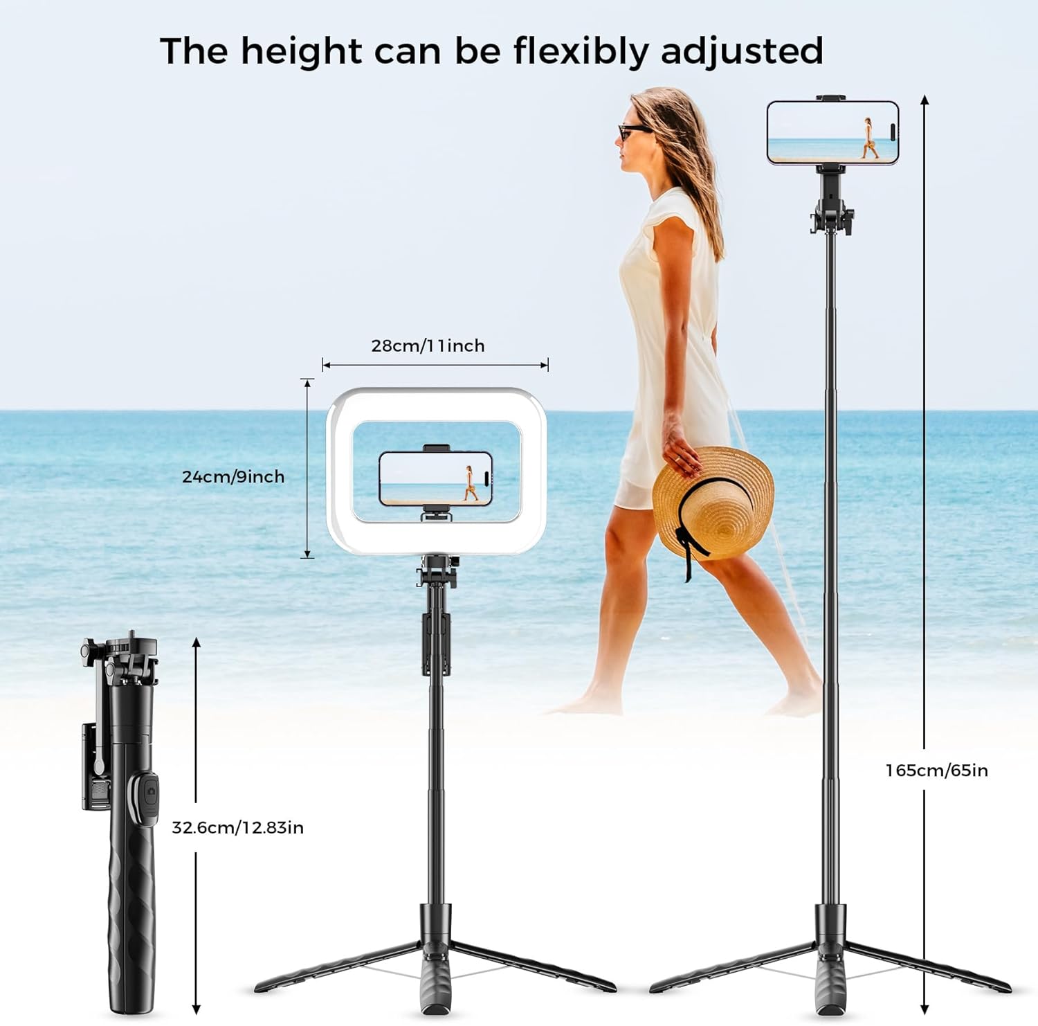 Tripod for iPhone with Rechargeable Light for Video Recording, Portable Phone Tripod for Camera and Phone, Selfie Stick with Light for Content Creators, Vlogging, Tiktok
