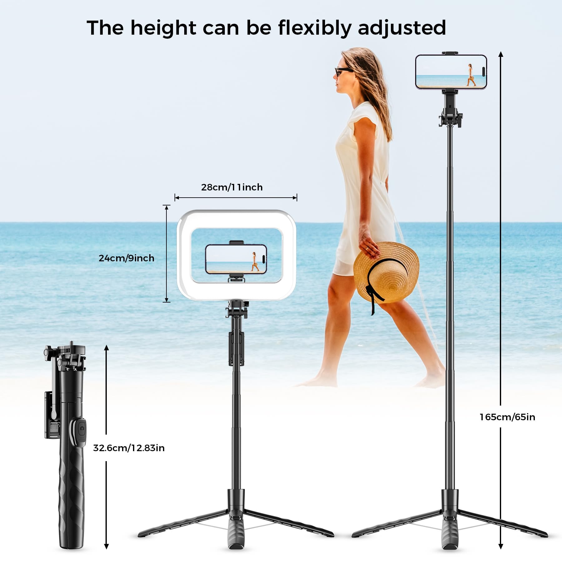 Treppiede per iPhone con luce per registrazione video, treppiede portatile per fotocamera e telefono, selfie stick con luce per creatori di contenuti, vlogging, Tiktok