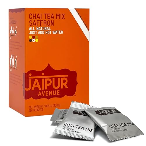 Vista 16 de Jaipur Avenue Mezcla de té Safron Chai hecha con té negro Assam totalmente natural, safrán, azúcar de caña y leche seca de primera calidad, sin