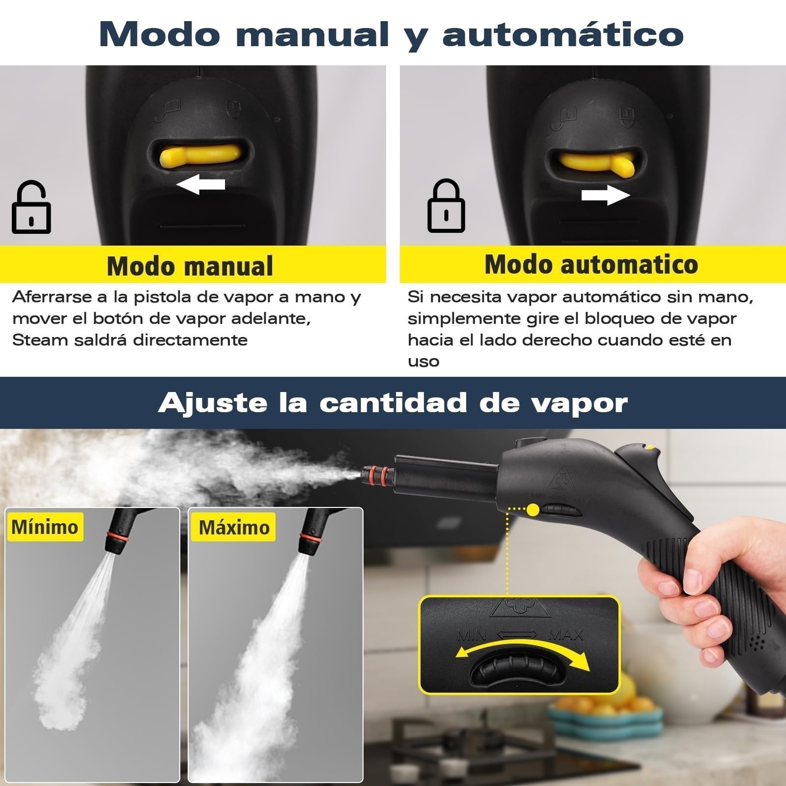 Limpiador a vapor doméstico, portátil, de calentamiento rápido, gran capacidad de 1,08 l, adecuado para cocina, inodoro y vidrio
