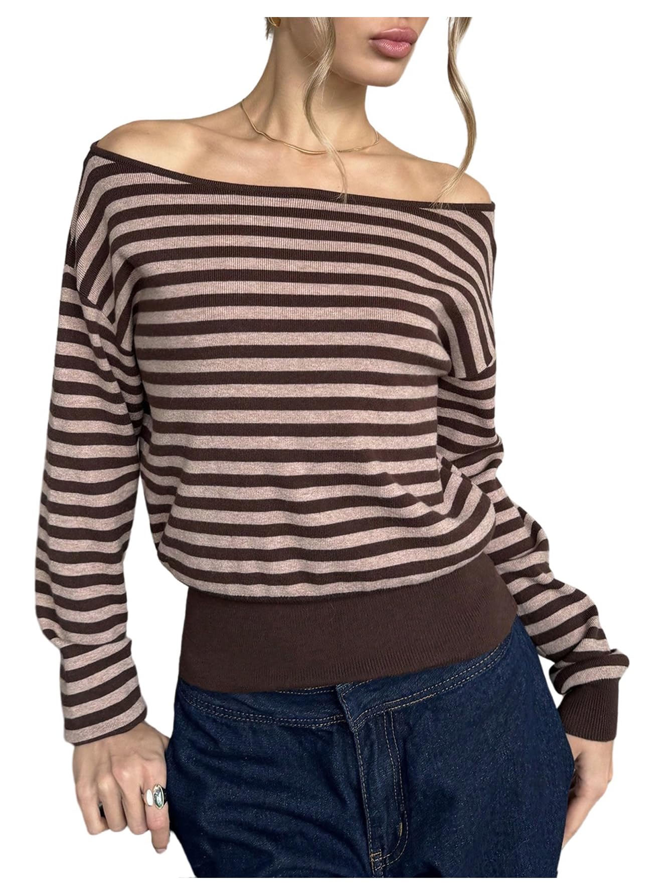 MakeMeChic Womens Striped Off The Shoulder Pullover Sweater Long Sleeve Loose Y2K Knitted Crop Tops