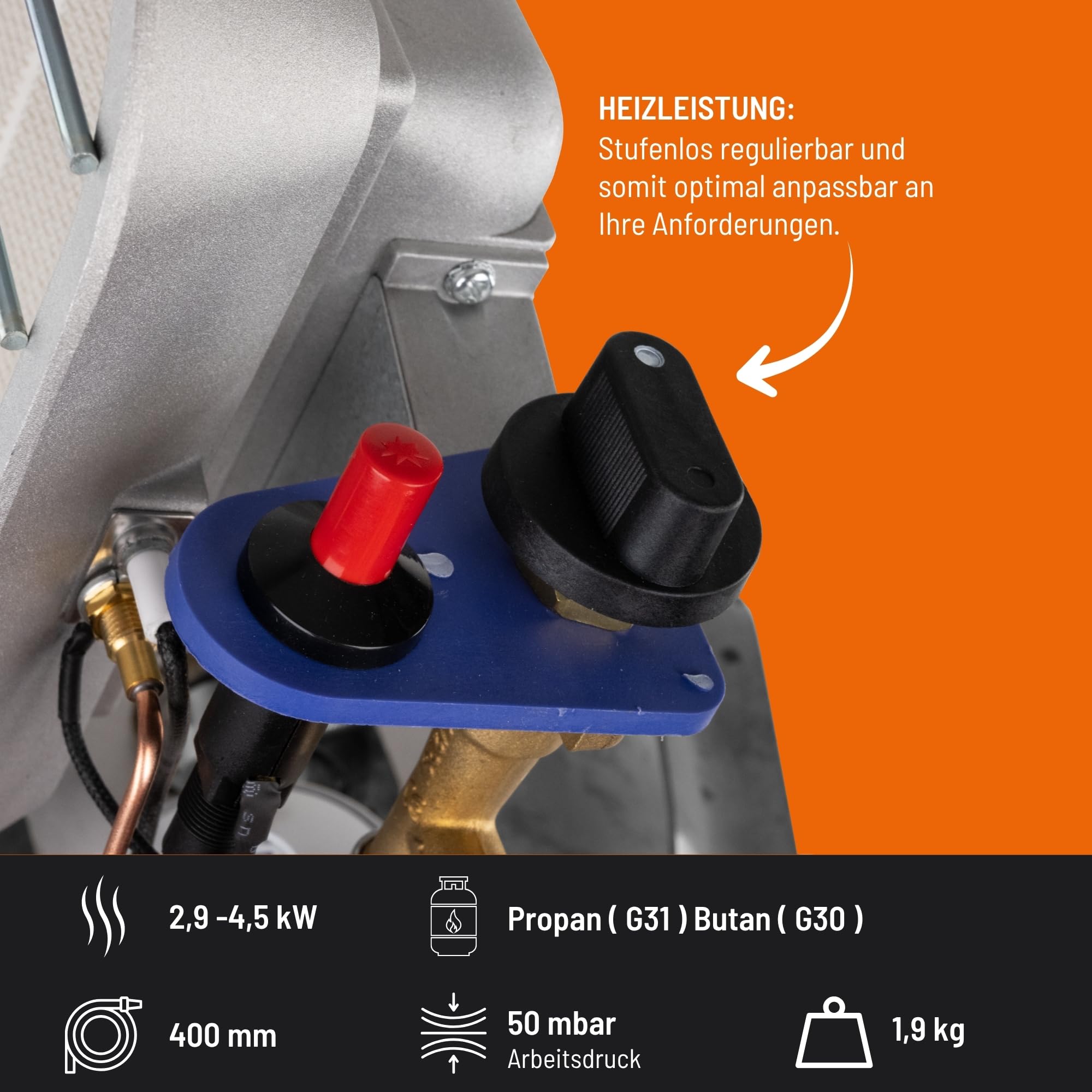 Güde Gasheizstrahler GHS 4200PIEZO (2,9-4,5 kW Heizleistung, 210-327 g/h Gasverbrauch, 40 cm Gasschlauch, rostfreier Reflektor, Schutzgitter, Druckminderer, Piezozündung, Thermosicherheitselement)