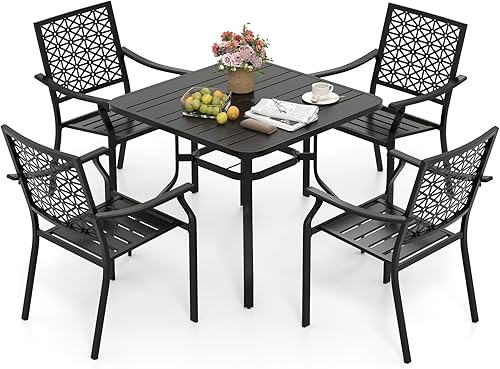 Tangkula Juego de comedor de metal de 5 piezas, mesa de comedor cuadrada de 37 pulgadas con 4 sillas apilables, mesa de listones con agujero para
