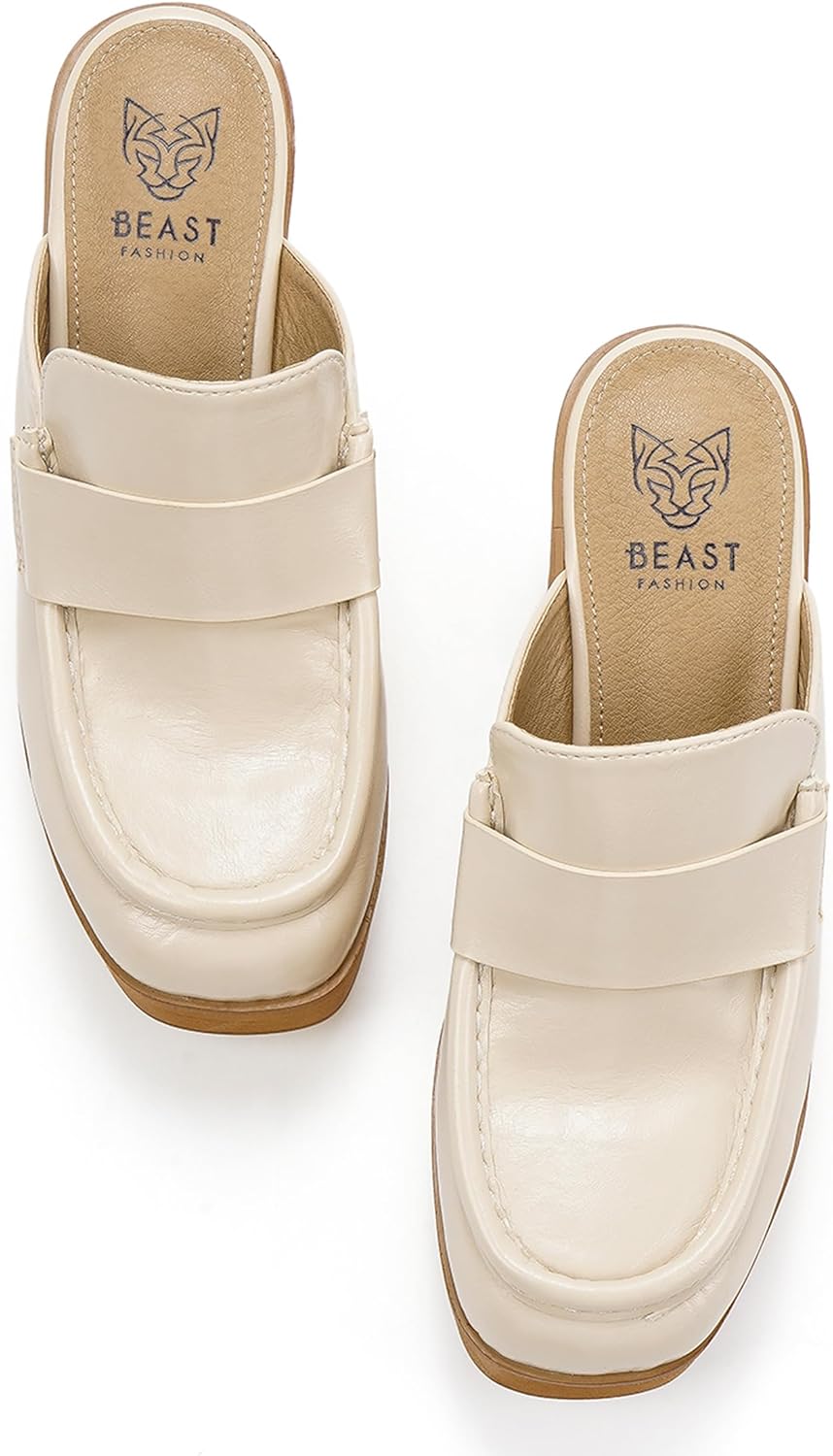 BEAST FASHION Women's Beige Platform Clogs - Wooden Heel, Closed Toe, Slip-On Mules - Perfect for Casual Occasions