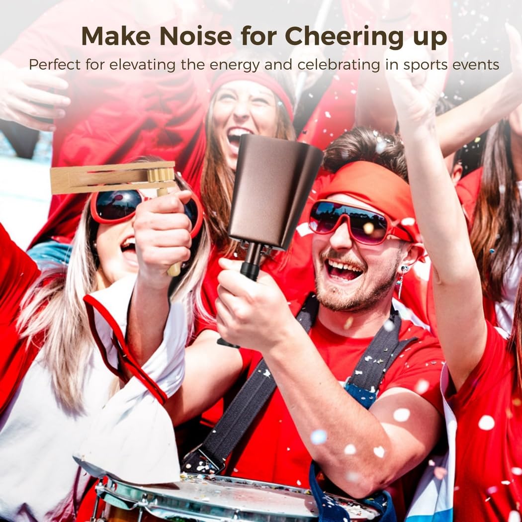 Noise Maker Kit - Set da 3 pezzi, 10 campane in metallo con manico, cricchetto, strumento di tifo matraca, per matrimoni, eventi sportivi e feste