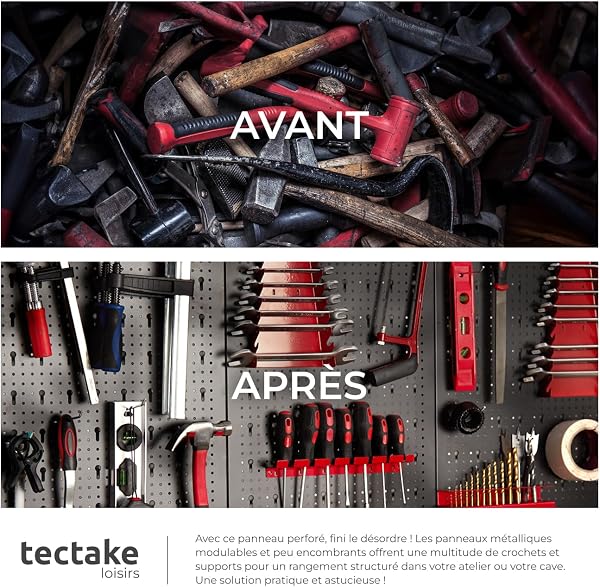 tectake® Panneau Mural Perforé Porte outils mural Lot de 4 Panneaux 160 x 2 x 60 cm 34 pcs Crochet & Supports, Extensible Système de rangement Outillage & visserie - 5