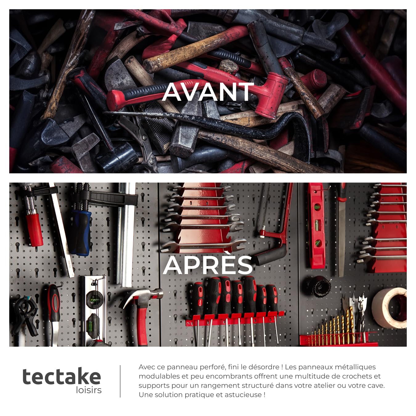 tectake® Panneau Mural Perforé Porte outils mural Lot de 6 Panneaux 240 x 2 x 60 cm 53 pcs Crochet & Supports, Extensible Système de rangement Outillage & visserie