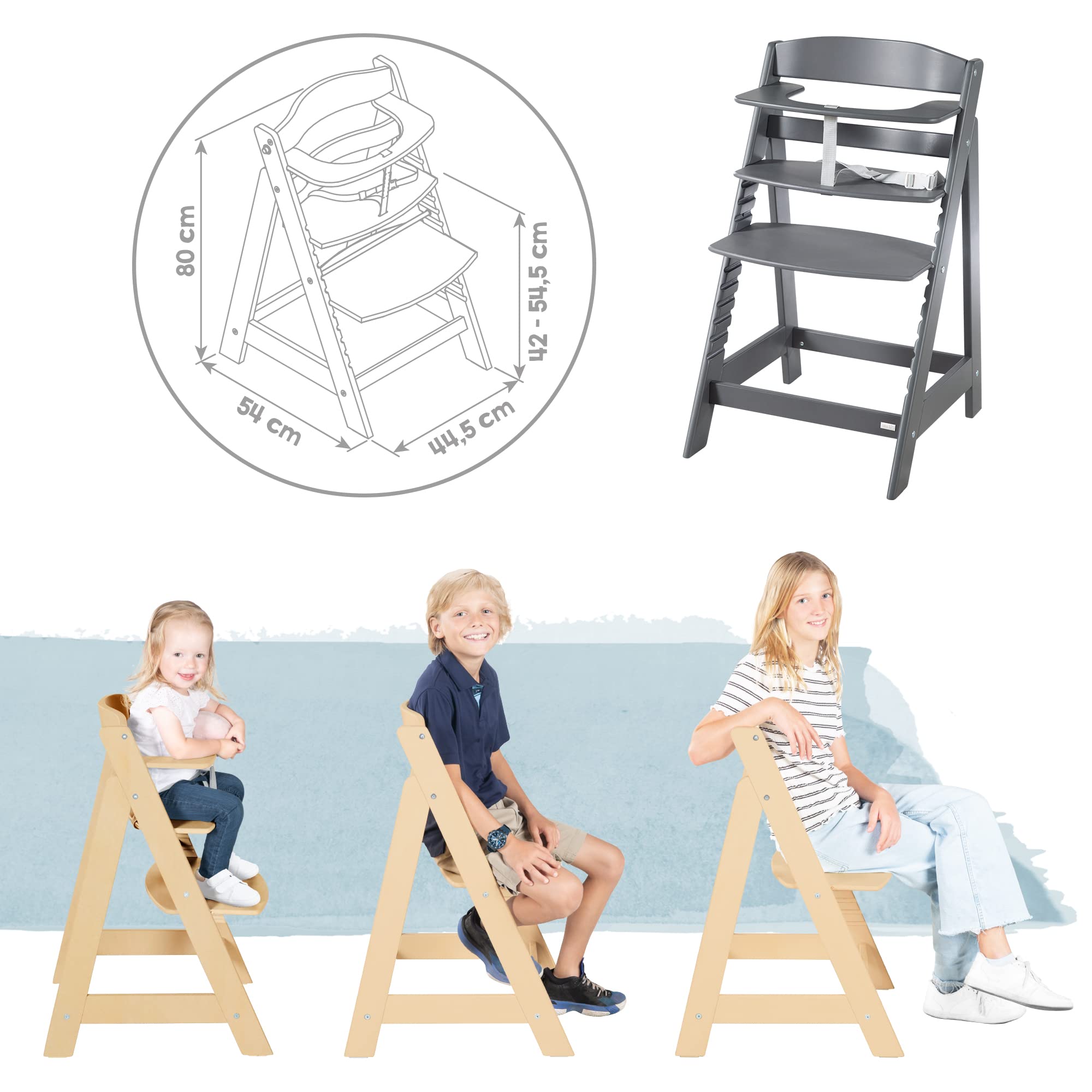 roba Seggiolone "Born Up" Set 2 in 1 - Design "Graphite quilted" - Funzione Pieghevole - Imbracatura - 2 Posizioni - da 0 a 6 Mesi - Legno Laccato Grigio Antracite