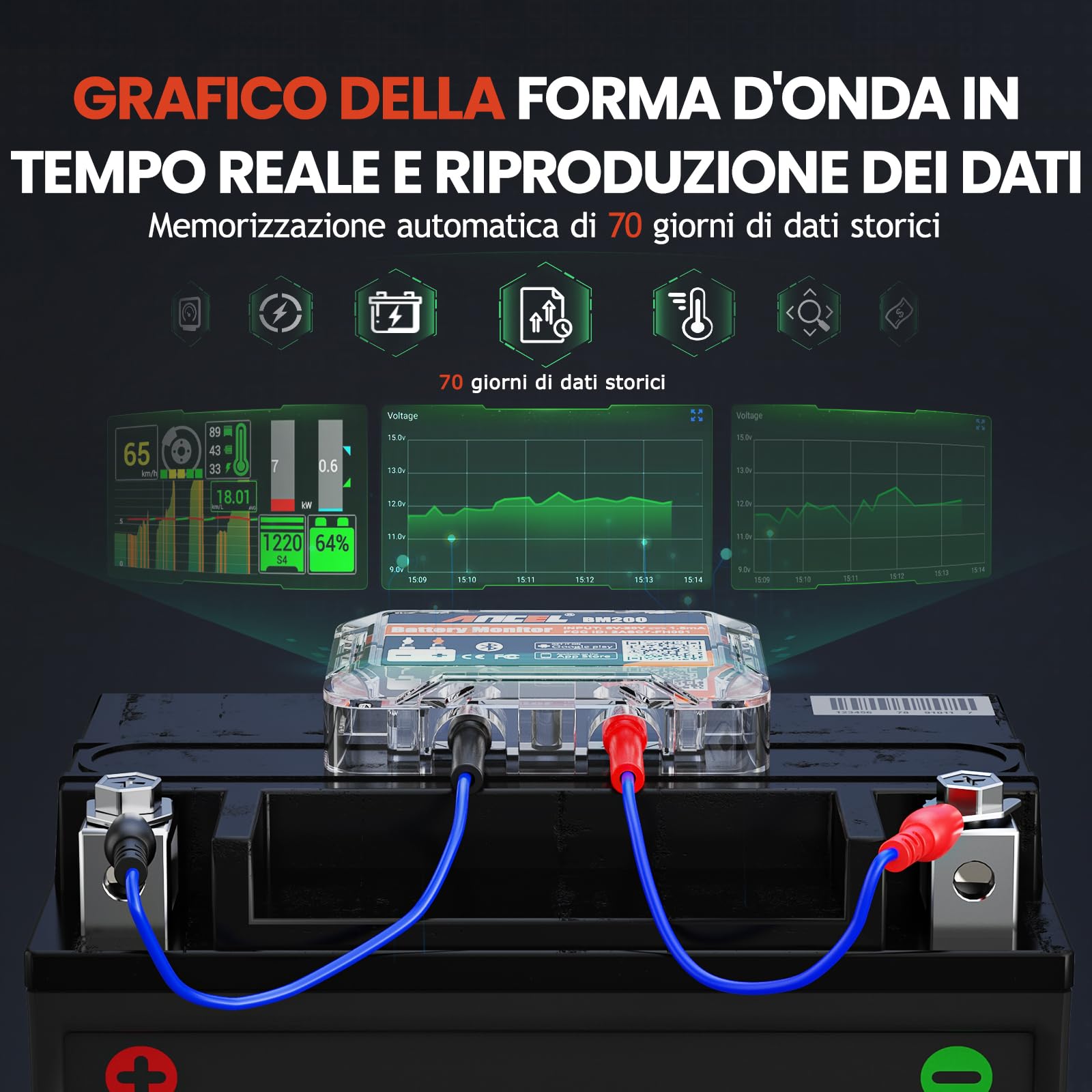 ANCEL BM200 Tester Batteria Auto 12V, Battery Monitor Bluetooth 4.2 Per batterie al litio e al piombo con allarme di prova di carica a manovella Registrazione dello storico della tensione