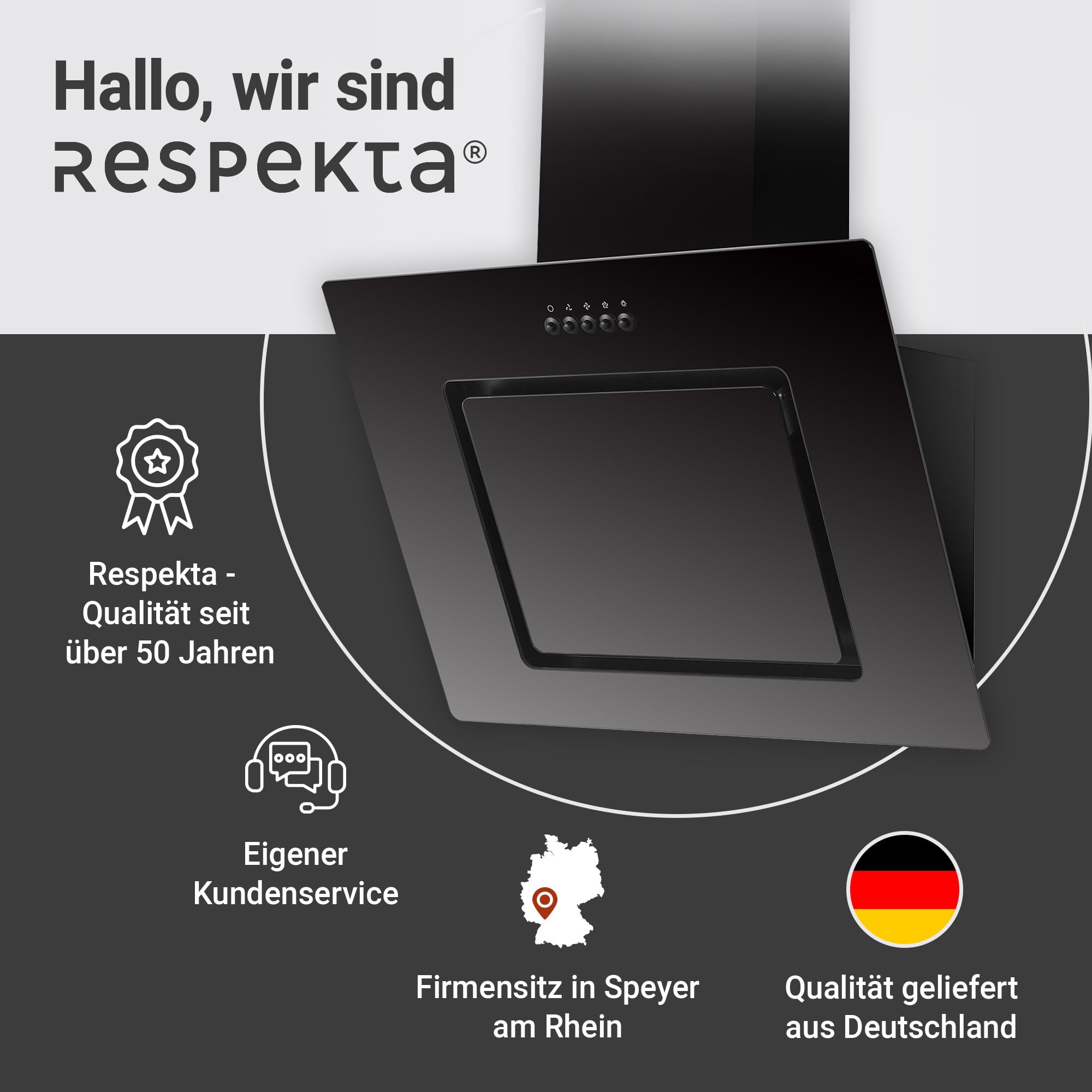 Respekta Dunstabzugshaube 60 cm Metallgehäuse Glasschirm Schwarz Abluft Umluft 54-62 dB