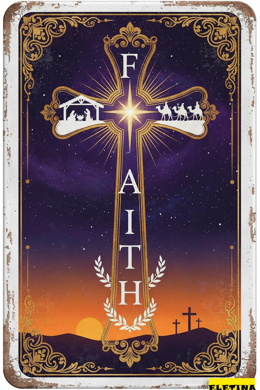 Faith Metal Wall Easter Bible Verse Nativity Scene Cross Vintage Tin Sign Christmas Jesus Wall Art 8x12in