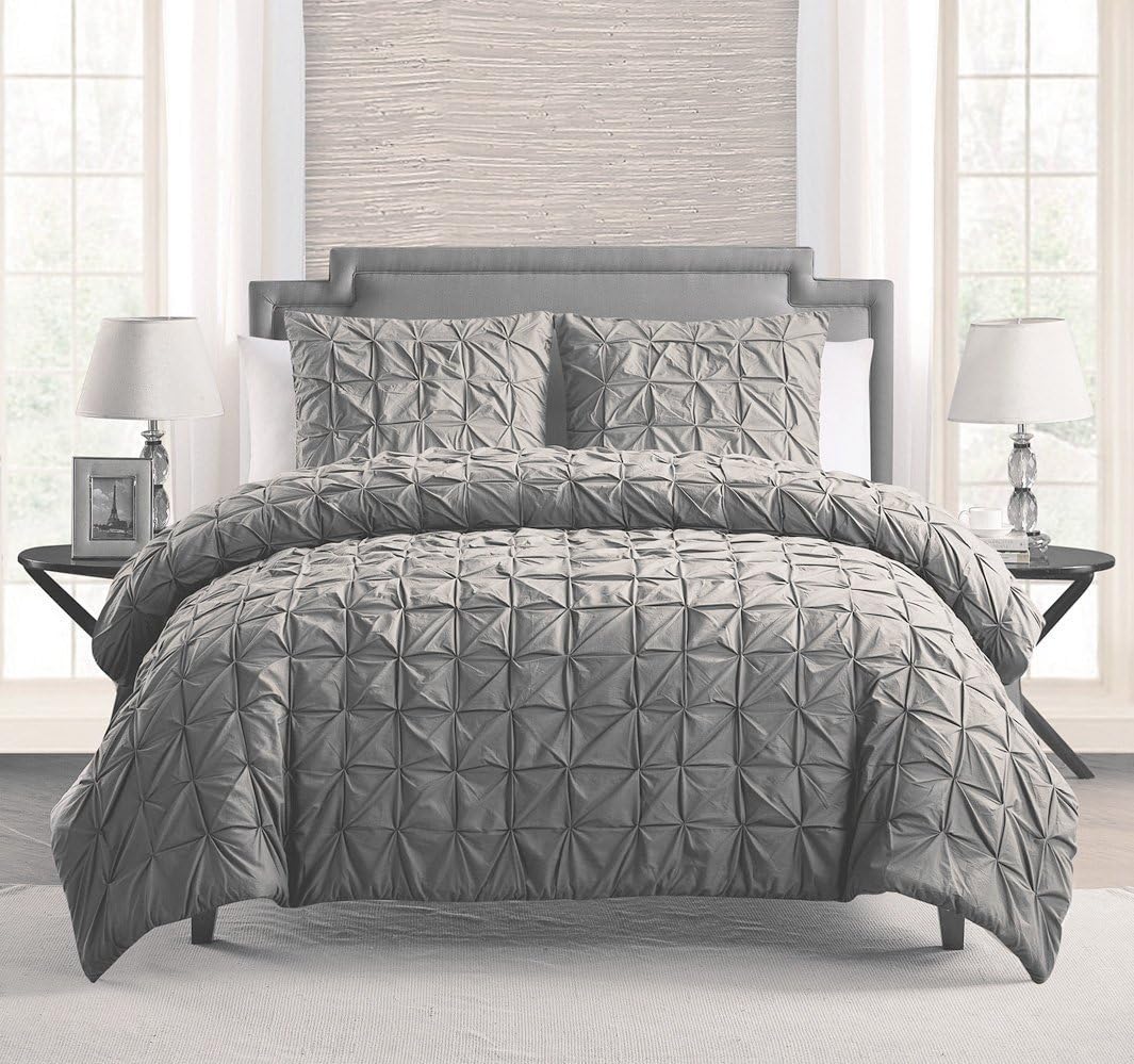 Grand Linen 100% Cotton 2 - Piece Solid Grey Pinch Pleat Duvet Cover Set Twin/Twin XL Size Bedding