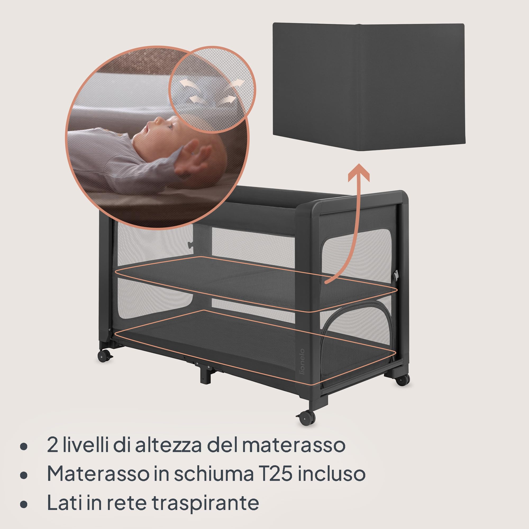 lionelo Patty Lettino Da Viaggio 5 In 1, Culla Da Campeggio Con Materasso, Culla Campeggio E Lettino Da Campeggio, Culla Co-Sleeping Pieghevole Con Borsa E Ruote, Fino A 15 Kg
